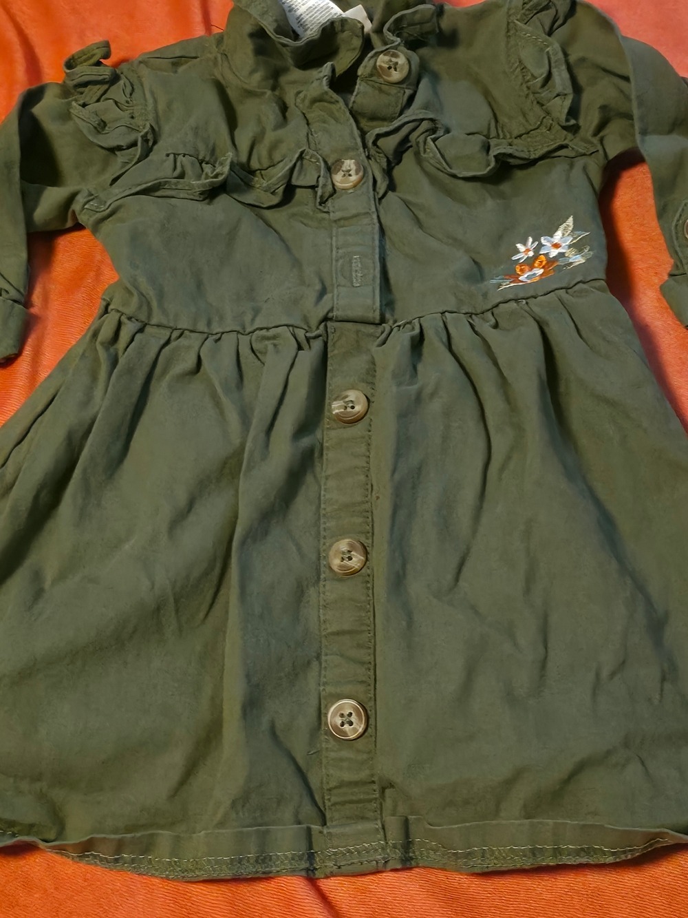 4/$67 Deal! Little Lass Olive Green Button-Front Dress with Floral Accent